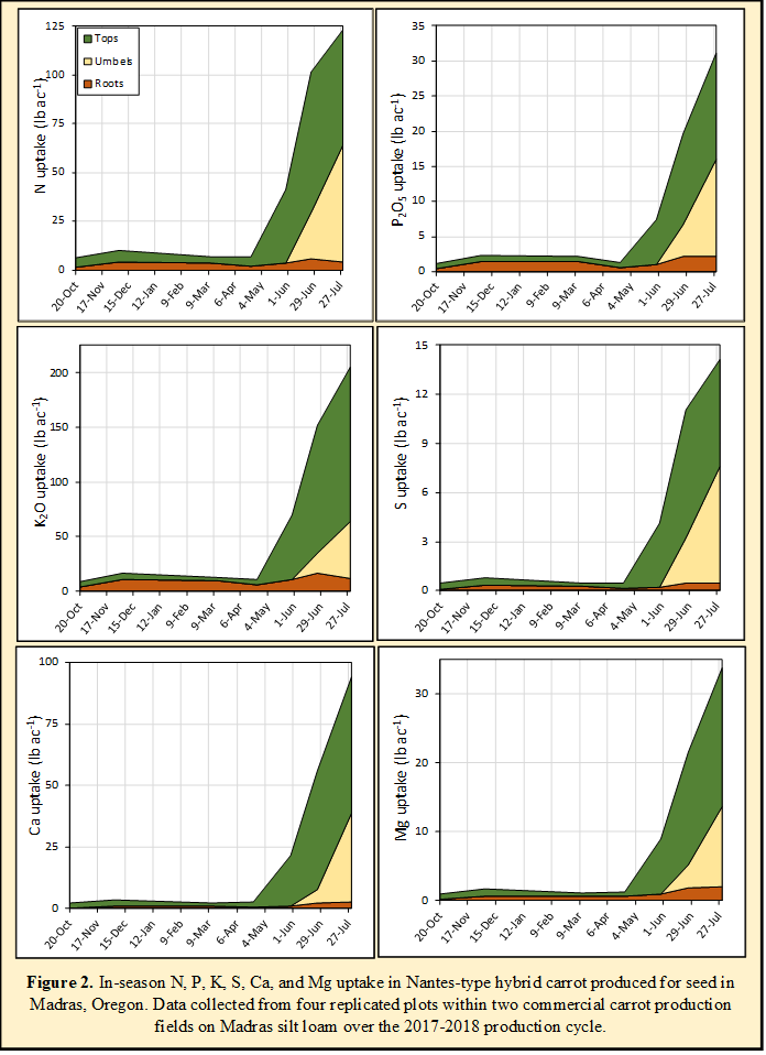 Figure 2. In-season N, P, K, S, Ca, and Mg uptake in Nantes-type hybrid carrot produced for seed in Madras, Oregon. Data collected from four replicated plots within two commercial carrot production fields on Madras silt loam over the 2017-2018 production cycle.